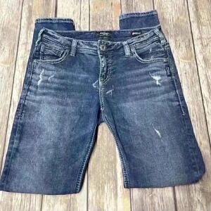 Silver Girlfriend Denim Jeans Dark Wash Super Stretch Womens 28x29 Distressed
